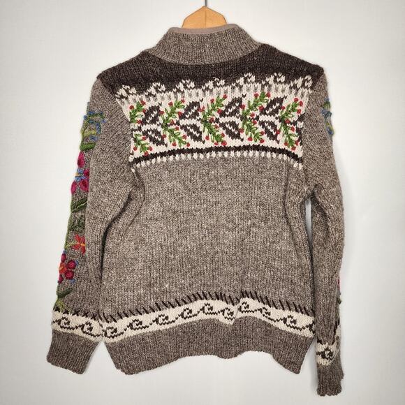 Laundromat Sweater Flower Embroidered Brown Zip Cardigan Jacket Size Medium - Picture 6 of 6